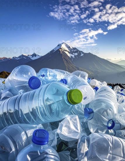 Crushed plastic water bottle waste in a wild landscape, symbol for nature protection, waste