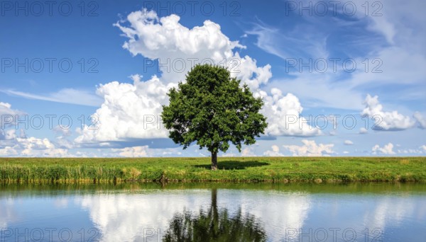 Single and lonely tree near to a lake, meadow and lot of wild grass around, hilly wilderness