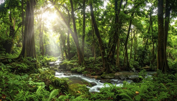 Banner background of tropical forest landscape scene, green wild jungle, cloudy sky at morning,