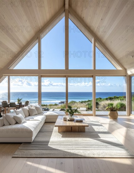Peaceful A-frame cabin interior with ocean views, real estate lifestyle and travel destination,
