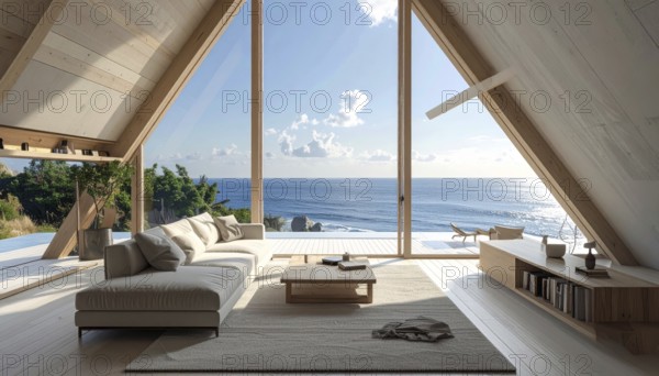 Peaceful A-frame cabin interior with ocean views, real estate lifestyle and travel destination,