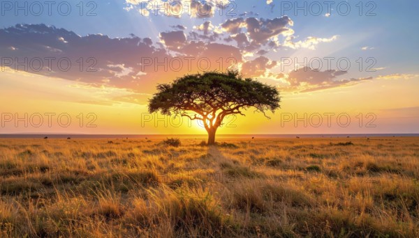 Single acacia tree in the savannah at sunset, solitude in the wild, dry grass in the foreground,