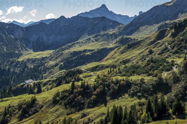 View of hiking trails and the Allgäu mountains from the Saalfelder Höhenweg, Schochenspitze in the