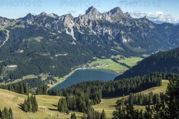 View from Neunerköpfle of Haldensee with Haller, Tannheimer Berge, Schartschrofen and Rote Flüh