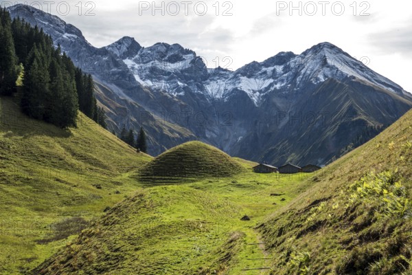 View of Hintere Einödsberg-Alpe, back mountains of the Allgäu Alps with Wilder Mann and