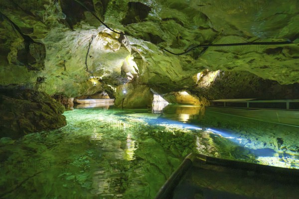 Impressive cave landscape with bluish-green water and mysterious atmosphere, Wimsener Höhle,