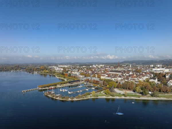Aerial view of the town of Radolfzell on Lake Constance with the Wäschbruckhafen, harbour pier and
