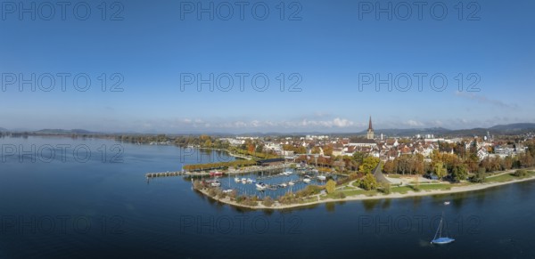 Aerial view, panorama of the town of Radolfzell on Lake Constance with the Wäschbruckhafen, harbour