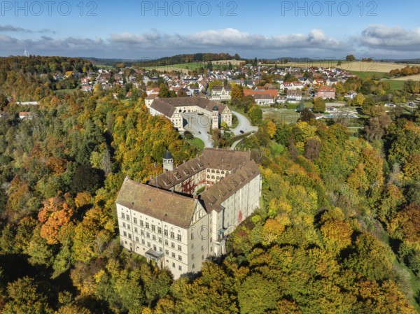 Aerial view of Heiligenberg Castle, a Renaissance-style palace complex, Tübingen administrative