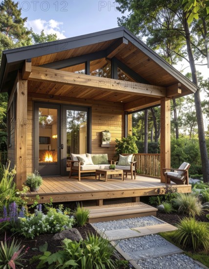 An eco-friendly porch designed for sustainable living in an environmentally-conscious home, lush