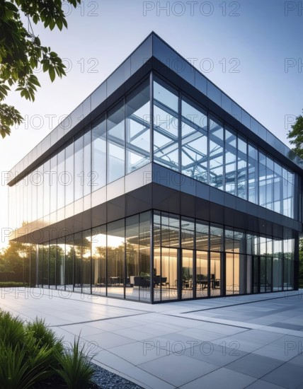 Modern architectural framework with glass and steel structure, glass facade with a greed of steel