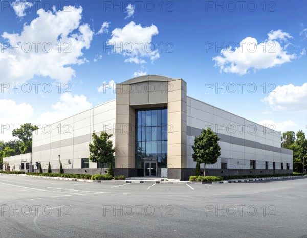 Modern supermarket building exterior against blue sky, Inviting white facade, some clouds, concept