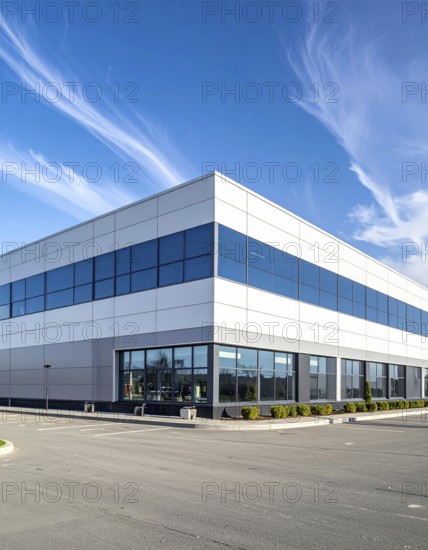 Modern supermarket building exterior against blue sky, Inviting white facade, some clouds, concept