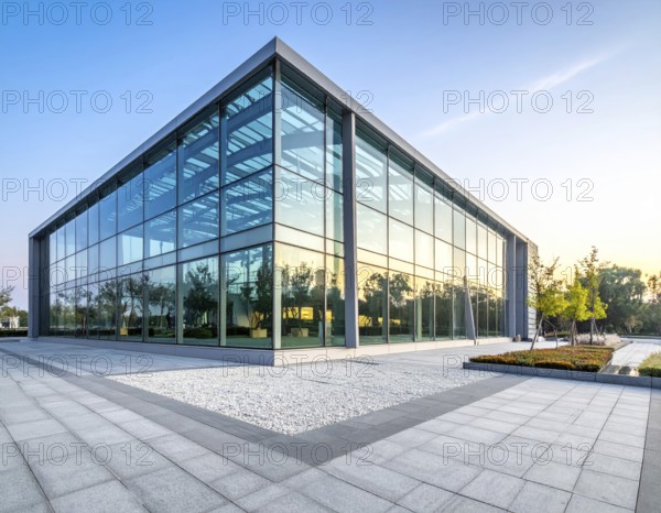 Modern architectural framework with glass and steel structure, glass facade with a greed of steel