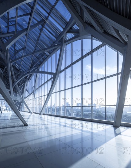 Modern architectural framework with glass and steel structure, glass facade with a greed of steel
