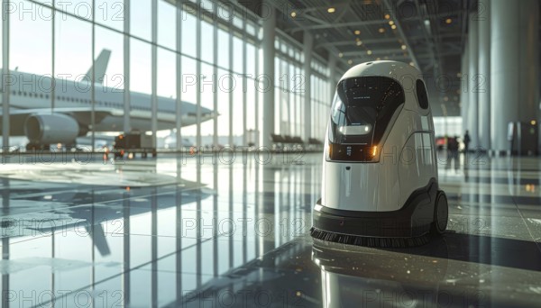 Autonomous cleaning roboter at modern airport terminal, showcasing advanced technology, daylight in