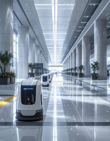 Autonomous cleaning roboter at modern airport terminal, showcasing advanced technology, daylight in