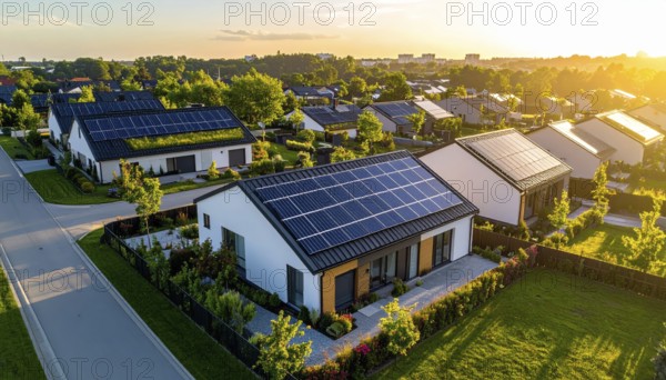 Aerial view showcases modern houses with solar panels and green roofs in a suburban setting,