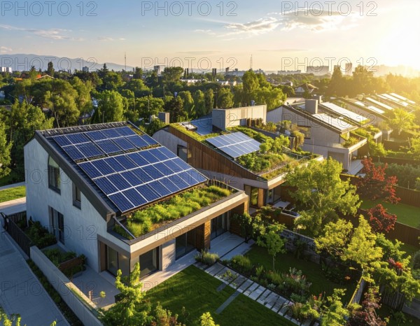 Aerial view showcases modern houses with solar panels and green roofs in a suburban setting,