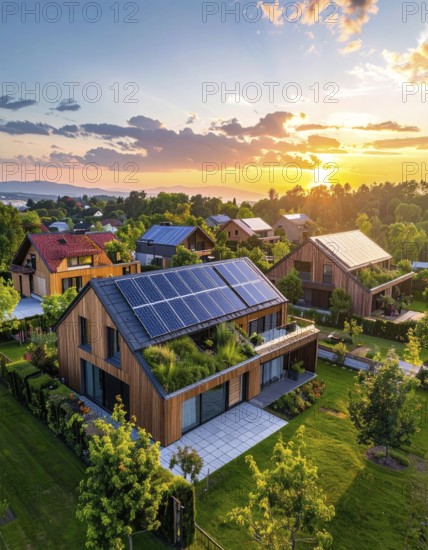 Aerial view showcases modern houses with solar panels and green roofs in a suburban setting,