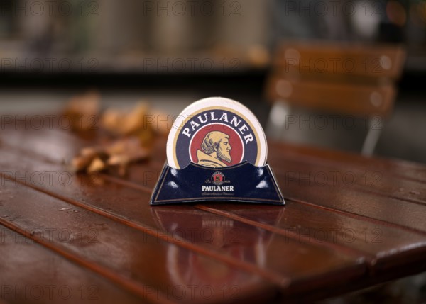 Outdoor astronomy, beer mat, table, Paulaner restaurant am alten Postplatz, lettering, logo,