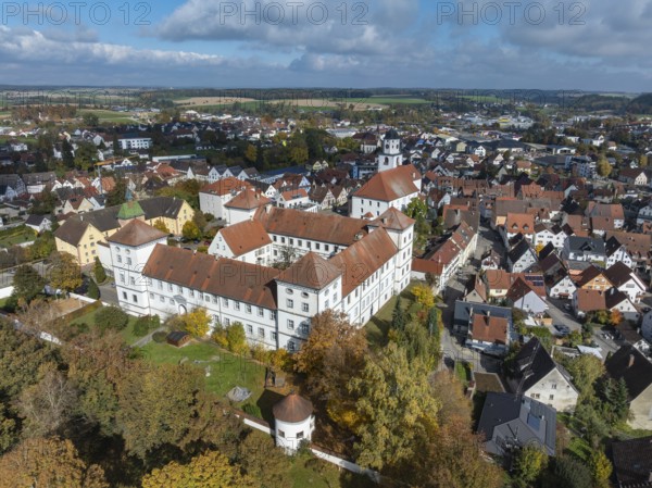 Aerial view of the city of Messkirch with Messkirch Castle and Castle of the Counts of Zimmern,