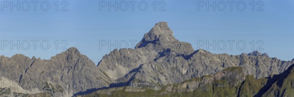 Mountain panorama from the Koblat-Höhenweg on the Nebelhorn across the Obertal with lush green