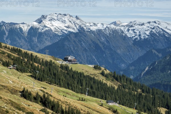 View of Nebelhorn, in the middle of Schlappoldsee station of the Fellhorn Railway, Oberstdorf,