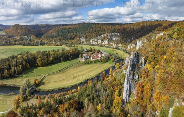 Aerial view, panorama of Käppeler estate with the St. George's Basilica near Thiergarten in the