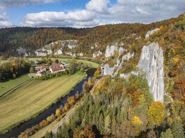 Aerial view of Käppeler Manor with St. George's Basilica near Thiergarten in the Upper Danube