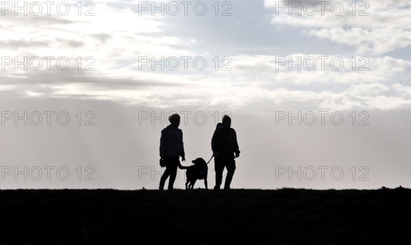 Couple with dog walking across a dike on the Baltic Sea, Fehmarn, 16.10.2025, Fehmarn,
