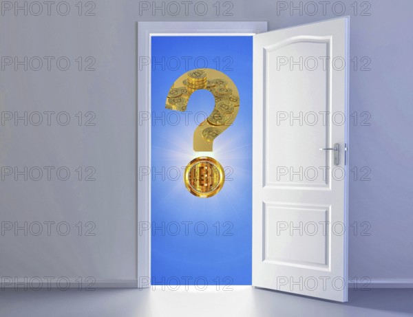 Symbolic image, Bitcoin with question mark, stock prices, uncertain digital currency, resources,