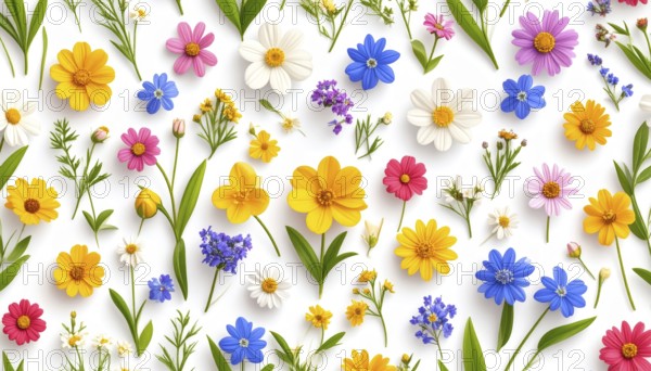 Vibrant wildflowers and grass create a colorful and joyful floral pattern, Variety of wild flowers,
