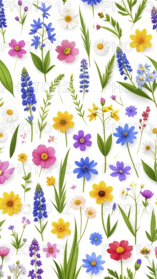 Vibrant wildflowers and grass create a colorful and joyful floral pattern, Variety of wild flowers,