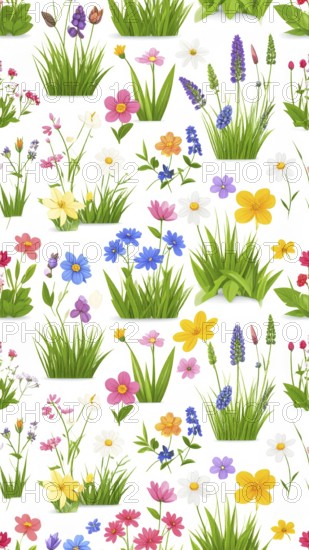 Vibrant wildflowers and grass create a colorful and joyful floral pattern, Variety of wild flowers,
