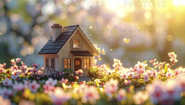 A miniature house surrounded by blooming cherry blossoms and warm sunlight, creating a peaceful and