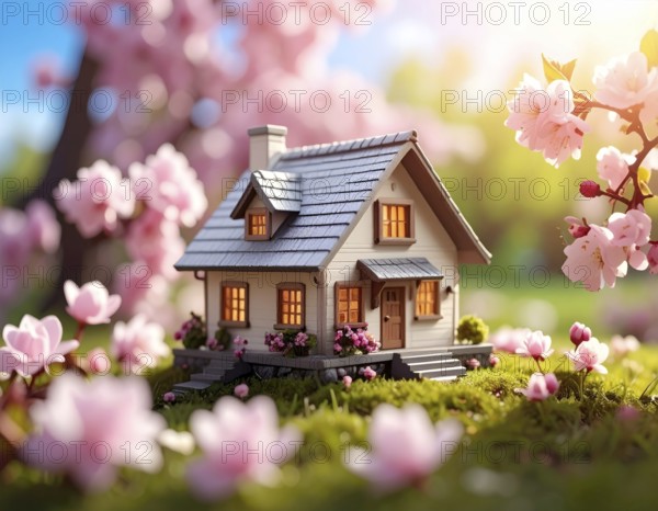 A miniature house surrounded by blooming cherry blossoms and warm sunlight, creating a peaceful and