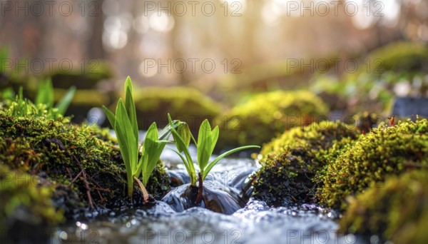 Beautiful spring detailed stream of fresh water, vibrant blooming young green plants, wallpaper