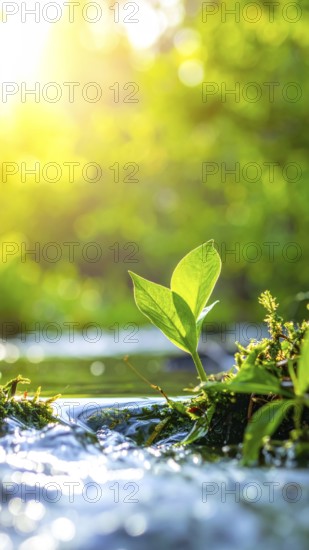 Beautiful spring detailed stream of fresh water, vibrant blooming young green plants, wallpaper