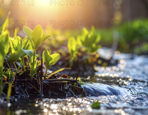 Beautiful spring detailed stream of fresh water, vibrant blooming young green plants, wallpaper