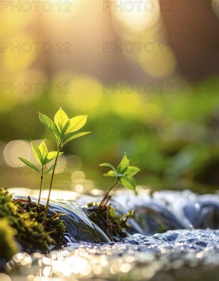 Beautiful spring detailed stream of fresh water, vibrant blooming young green plants, wallpaper