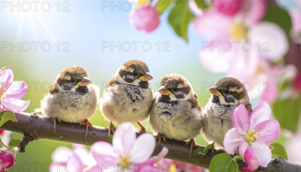 Small funny Sparrow Chicks sit in the garden surrounded by pink Apple blossoms on a Sunny may day,