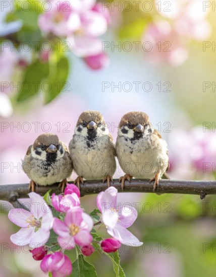 Small funny Sparrow Chicks sit in the garden surrounded by pink Apple blossoms on a Sunny may day,