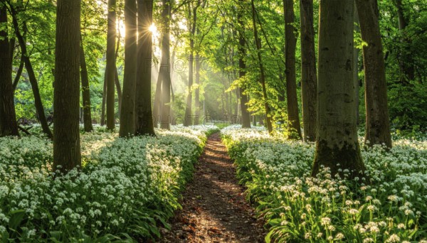 A tranquil forest path lined with white flowers, surrounded by tall trees and bathed in soft