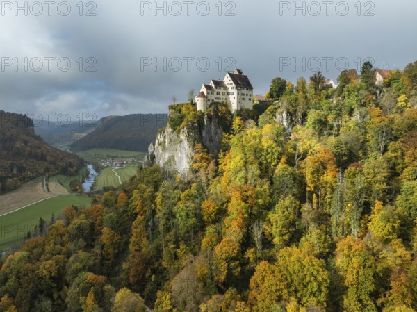 Aerial view of Werenwag Castle and former Werenwag Castle on a rocky spur in the Upper Danube