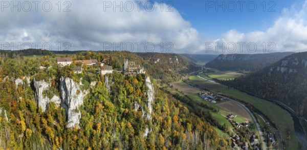 Aerial view, panorama of Werenwag castle and former castle on a rocky spur in the upper Danube
