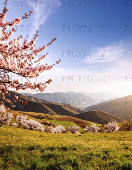 Landscape with a blooming apricot tree, idilyc spring nature, green grass and mountains in