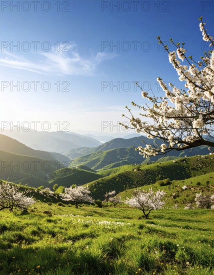 Landscape with a blooming apricot tree, idilyc spring nature, green grass and mountains in