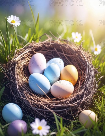 Nest with easter eggs in a basket on grass, sunny spring day, fresh beautiful landscape at