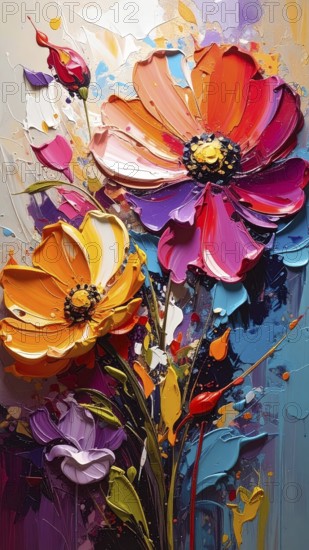 Closeup of abstract rough colorful multicolored organic floral spring flowers art painting texture,
